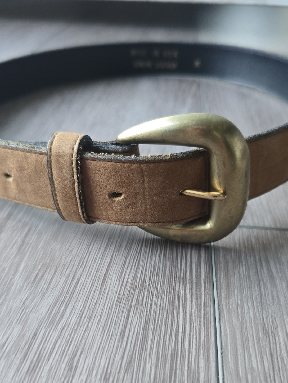 Vintage Made USA Genuine Leather Suede Belt Brass Buckle Tan Camel Western Boho